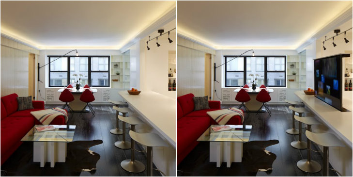 kitchen and living room 790square foot Upper East Side apartment by millennial Daniel Sperling