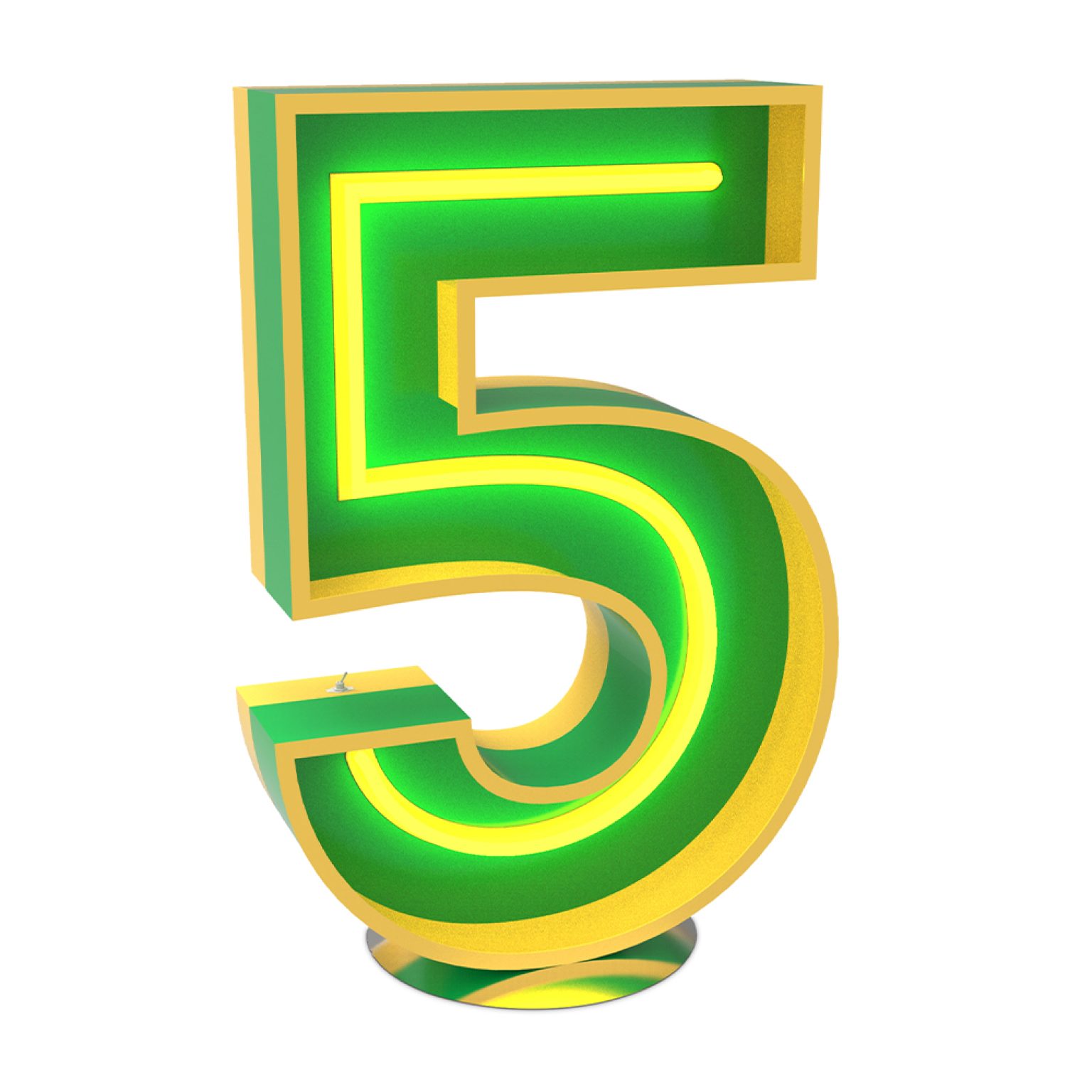 The number 5 in the Graphic Collection brings the electrifying feeling of a neverending party. The powerful yellow neon colour goes hand in hand with the matte emerald green that just adds feeling and charisma to this handmade lighting design.This marquee lighting design can be floor lamp or a wall mounted. The marquee lamp that can customizable on demand,and it is available on a mini version