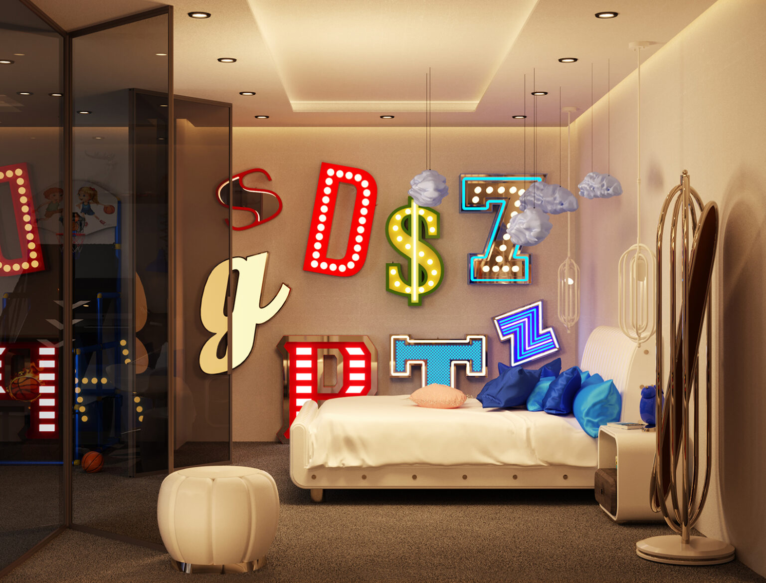 The marquee letter number 7 is the lucky one to have. With typical American hues, the red and blue just fit perfectly with the white neon. With a height of 1 meter, this marquee lighting design can be floor lamp or a wall mounted. The marquee lamp that can customizable on demand, is available on a mini version