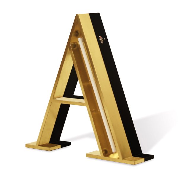 As long as the vintage interior and exterior style lives, the traditional Didot typeface Letter A will be the one suited for any contemporary interior decor. In gold, with a neon shine, this is the marquee light letter your contemporary outdoor decor will be thankful for. With a height of 1 meter, this marquee letter can be coloured customizable and it's available in a mini version.
