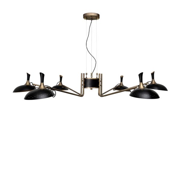 Inspired by the enigmatic life of Abbey Lincoln, this majestic pendant light will be the right lighting design choice for a dramatic dining room. A memorable piece that counts with golden finishes and black matte to give it a twist. This luxurious modern pendant lamp will be giving life and a statement to your modern home decor.