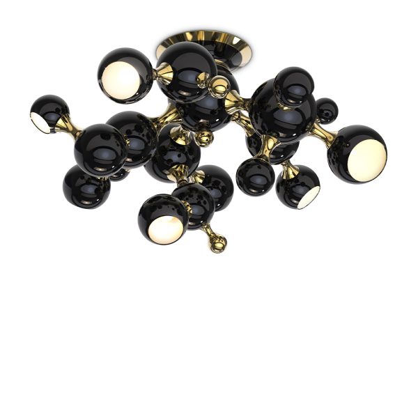 With a set of spotlights all arranged much similar to molecular forms. An exquisite gold-plated finish on the body, while the shades are lacquered a glossy black on the outside and a gold powder paint on the inside. It can be used as a suspension lamp in a modern entryway, and it also works beautifully as a bedroom ceiling lamp, especially in kids’ bedrooms.