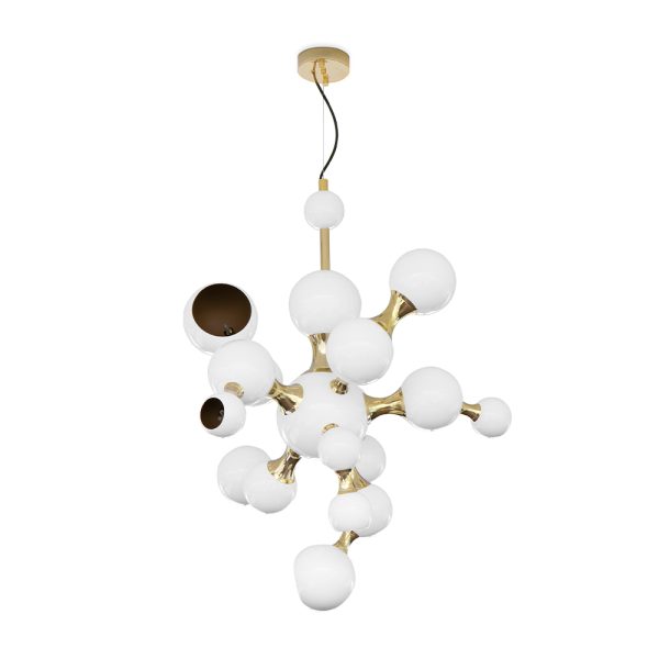 A modern design interpretation of the atomic age,inspired by the composition of the atom. Building this unique lighting design using materials such as brass, steel and Aluminium, DelightFULL’s skilled artisans arranged it in an abstract composition,very similar to the non-conventional molecular forms.Both a glossy black and a gold-plated finish were used for the body, while glossy black and gold powder paint were the chosen finish of the shades.