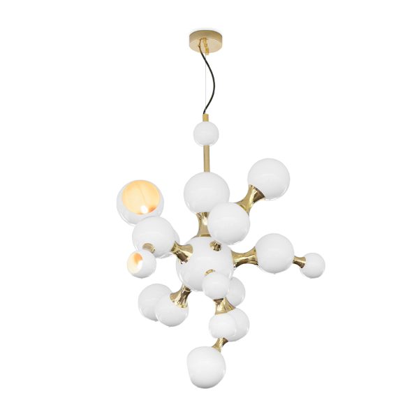 A modern design interpretation of the atomic age,inspired by the composition of the atom. Building this unique lighting design using materials such as brass, steel and Aluminium, DelightFULL’s skilled artisans arranged it in an abstract composition,very similar to the non-conventional molecular forms.Both a glossy black and a gold-plated finish were used for the body, while glossy black and gold powder paint were the chosen finish of the shades.