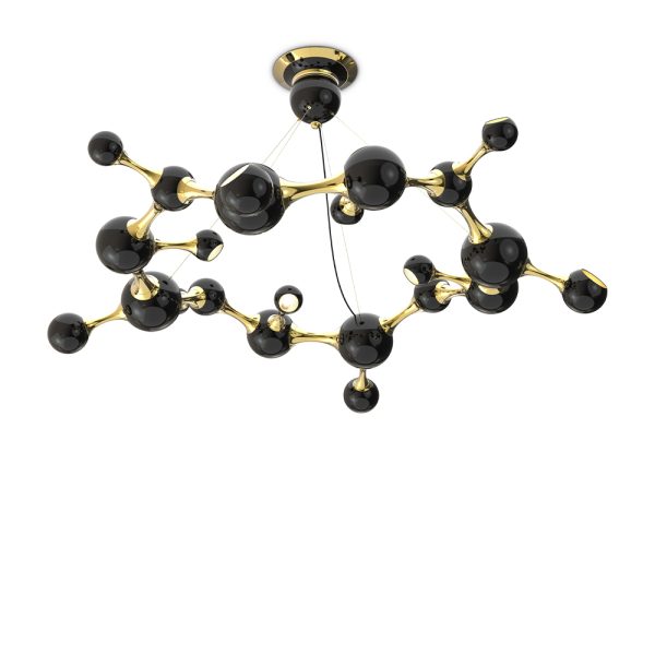 This unique black chandelier is all handmade in brass and steel, with a gold-plated finish on the body and lacquered a glossy black on the round shades. The inside of the spotlights is lacquered a gold powder paint, in order to create a smoother light to the human eye. The right modern dining room lighting design. It is also suited for a more scandinavian style living room, being the perfect example of class meets fun.