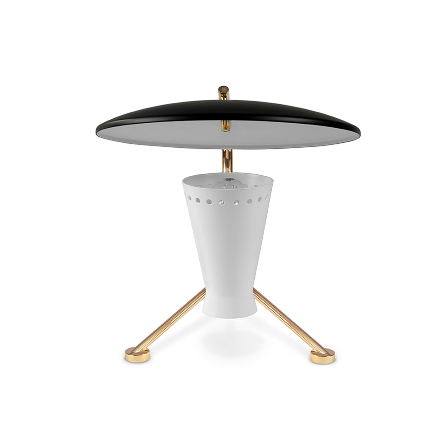 Barry mid-century desk lamp is a handmade piece produced in Portugal by some of the finest artisans in the business. This brass lighting design features a shade and a top cover made of Aluminium, top coated in matte black and matte white, which can be customized. The shade has a nickel plated finish, emphasizing the contemporaneity of this fine bedroom table lamp.