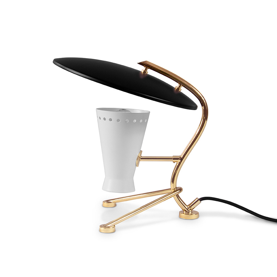 Barry mid-century desk lamp is a handmade piece produced in Portugal by some of the finest artisans in the business. This brass lighting design features a shade and a top cover made of Aluminium, top coated in matte black and matte white, which can be customized. The shade has a nickel plated finish, emphasizing the contemporaneity of this fine bedroom table lamp.