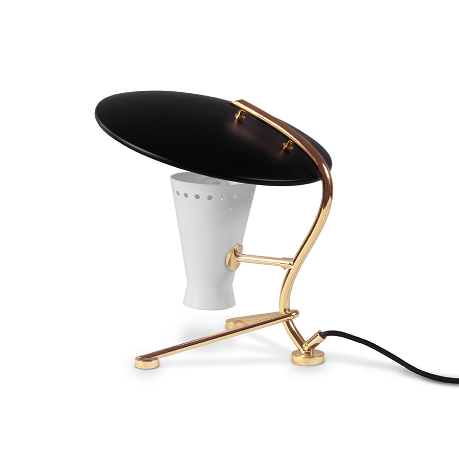 Barry mid-century desk lamp is a handmade piece produced in Portugal by some of the finest artisans in the business. This brass lighting design features a shade and a top cover made of Aluminium, top coated in matte black and matte white, which can be customized. The shade has a nickel plated finish, emphasizing the contemporaneity of this fine bedroom table lamp.