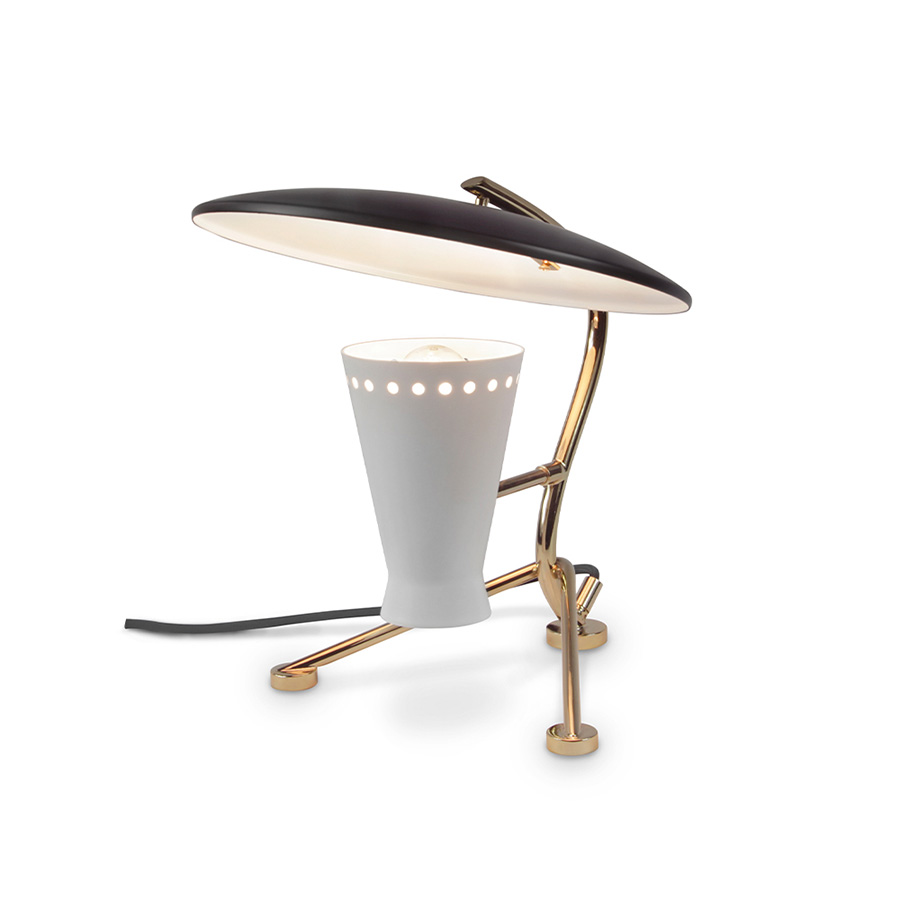 Barry mid-century desk lamp is a handmade piece produced in Portugal by some of the finest artisans in the business. This brass lighting design features a shade and a top cover made of Aluminium, top coated in matte black and matte white, which can be customized. The shade has a nickel plated finish, emphasizing the contemporaneity of this fine bedroom table lamp.