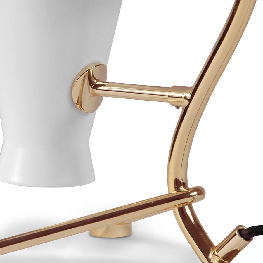 Barry mid-century desk lamp is a handmade piece produced in Portugal by some of the finest artisans in the business. This brass lighting design features a shade and a top cover made of Aluminium, top coated in matte black and matte white, which can be customized. The shade has a nickel plated finish, emphasizing the contemporaneity of this fine bedroom table lamp.