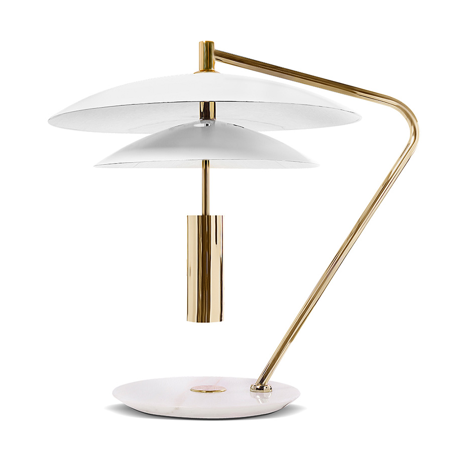 Basie table light is a vintage mid-century lamp with distinct features that make it stand out in any room setting. Handmade in brass, with an Aluminium shade and a marble base, it features a top cover that can be customized with any RAL color of your choosing. Looking its best in more formal settings, this graciously large table lamp is the perfect fit for a classic living room or entryway.