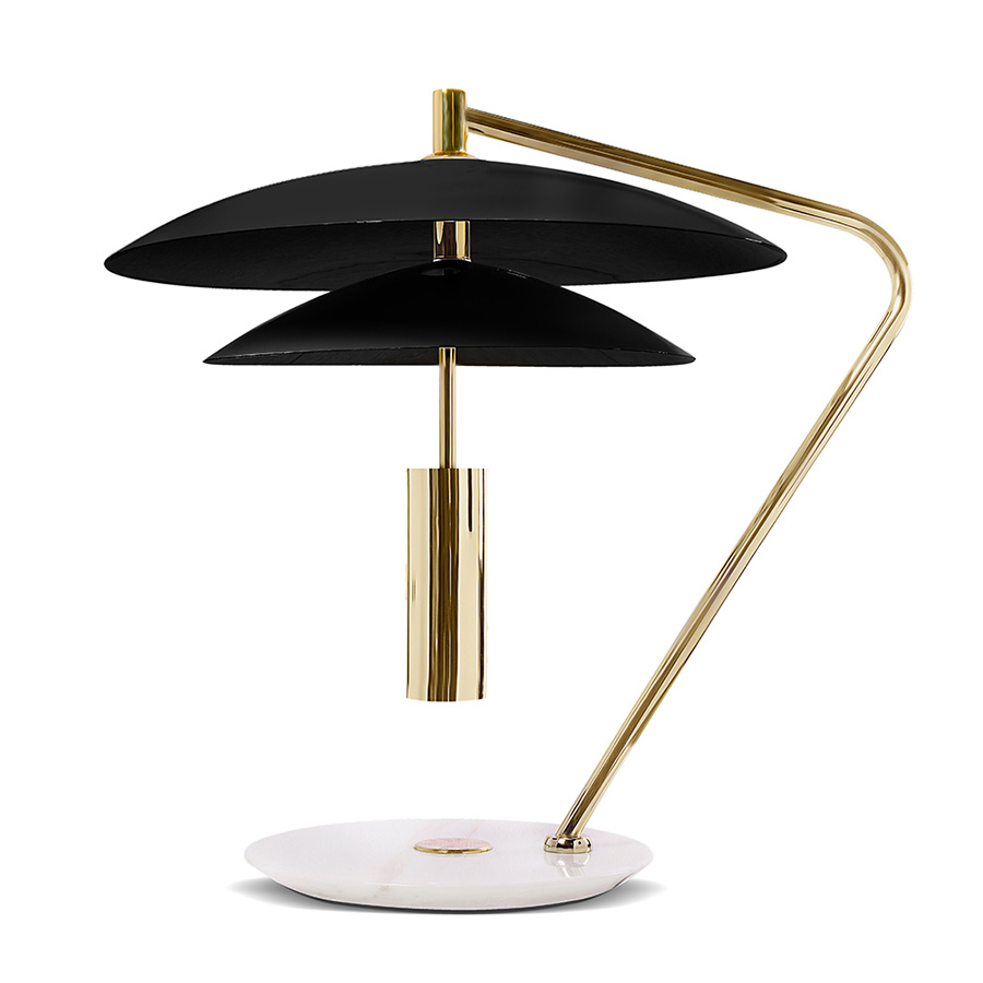 Basie table light is a vintage mid-century lamp with distinct features that make it stand out in any room setting. Handmade in brass, with an Aluminium shade and a marble base, it features a top cover that can be customized with any RAL color of your choosing. Looking its best in more formal settings, this graciously large table lamp is the perfect fit for a classic living room or entryway.