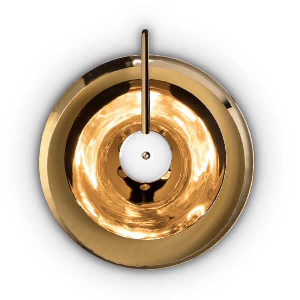 Basie wall light fixture is a modern representation of the sci-fi aesthetics of the 1960s. The vintage mid-century lamp has a set of distinctive features which make it a stunning statement piece. It is an indoor wall light handmade in brass, with a center shade made in Aluminium and a mesmerizing gold-plated standard finish. The lamp shade is lacquered a glossy white for a more modern look.