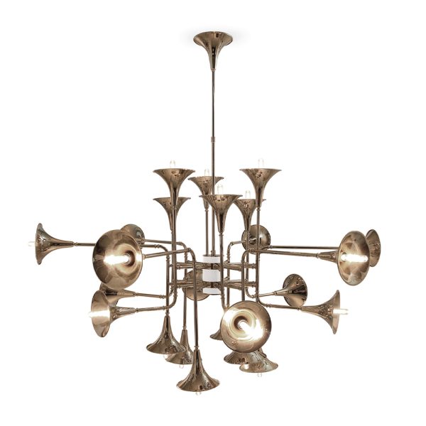 Botti modern chandelier instantly takes us into a music concert starring Chris Botti. The mid-century lighting design was inspired by the American trumpet player as a tribute to jazz music. With a structure handmade in brass, this modern ceiling light showcases the high-quality craftsmanship for which DelightFULL is best known for.