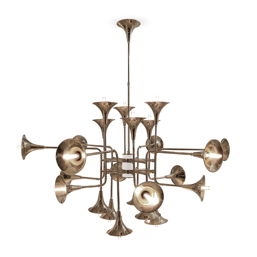 Botti modern chandelier instantly takes us into a music concert starring Chris Botti. The mid-century lighting design was inspired by the American trumpet player as a tribute to jazz music. With a structure handmade in brass, this modern ceiling light showcases the high-quality craftsmanship for which DelightFULL is best known for.