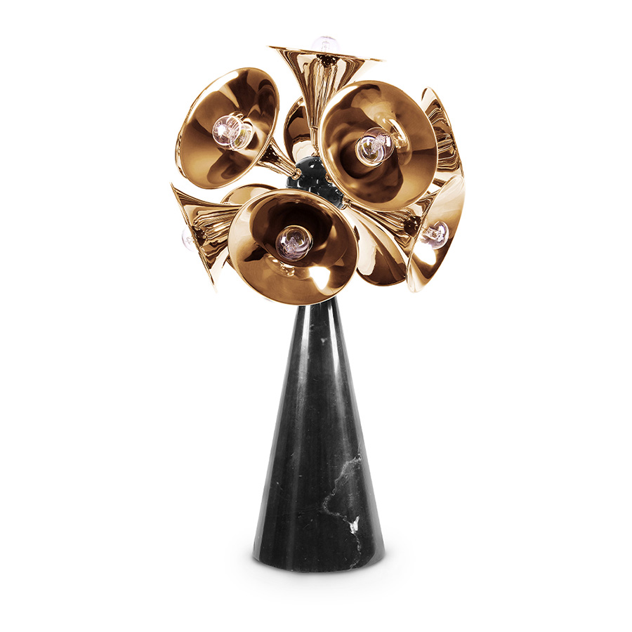 The embodiment of the most famous wind instrument of them all, Botti mid-century table lamp was inspired by a classic trumpet. Its unique shades are handmade in brass with a gold-plated finish to resemble a real trumpet. The base can be produced in Nero Marquina or white marble, as well as black nickel or any other finish of your choosing. It is a tall table lamp, very hard to miss, making it the ideal choice for a classic living room design.