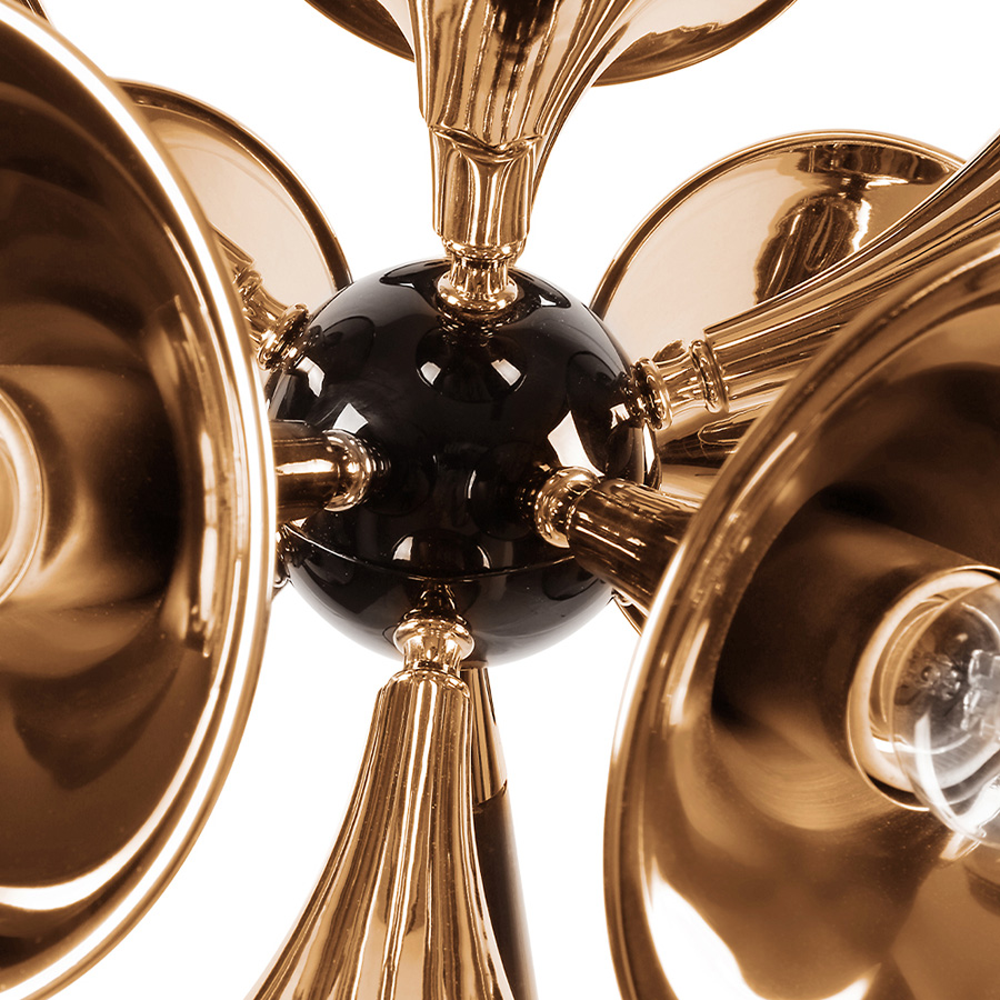 The embodiment of the most famous wind instrument of them all, Botti mid-century table lamp was inspired by a classic trumpet. Its unique shades are handmade in brass with a gold-plated finish to resemble a real trumpet. The base can be produced in Nero Marquina or white marble, as well as black nickel or any other finish of your choosing. It is a tall table lamp, very hard to miss, making it the ideal choice for a classic living room design.