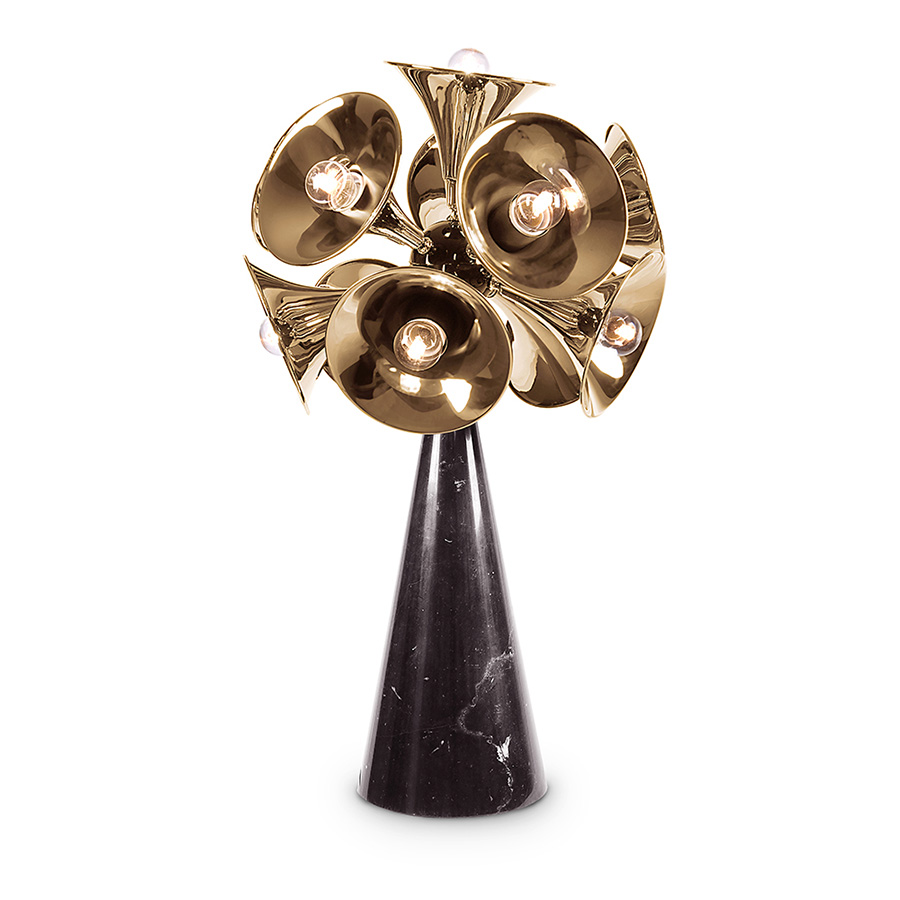 The embodiment of the most famous wind instrument of them all, Botti mid-century table lamp was inspired by a classic trumpet. Its unique shades are handmade in brass with a gold-plated finish to resemble a real trumpet. The base can be produced in Nero Marquina or white marble, as well as black nickel or any other finish of your choosing. It is a tall table lamp, very hard to miss, making it the ideal choice for a classic living room design.