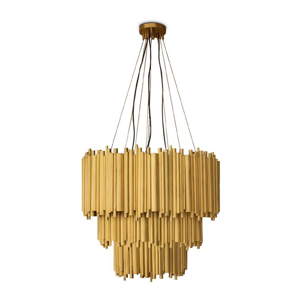 Brubeck mid-century modern chandelier is inspired by one of the foremost exponents of cool jazz: Dave Brubeck. This unique lighting design represents the sophistication and finesse of the American jazz pianist, displaying a very luxurious feeling. DelightFULL’s skilled artisans handmade this round chandelier in brass, covering it with a gold-plated finish, which can be customized in multiple other finishes.