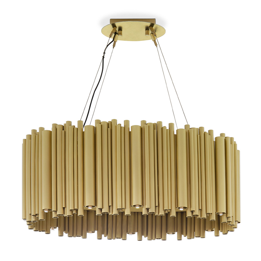 Brubeck mid-century modern chandelier is inspired by one of the foremost exponents of cool jazz: Dave Brubeck. This unique lighting design represents the sophistication and finesse of the American jazz pianist, displaying a very luxurious feeling. DelightFULL’s skilled artisans handmade this round chandelier in brass, covering it with a gold-plated finish, which can be customized in multiple other finishes.