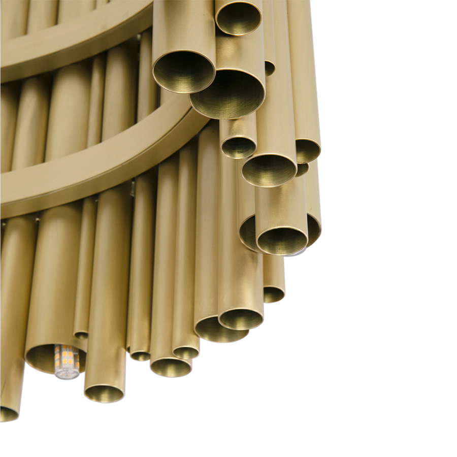 Brubeck mid-century modern chandelier is inspired by one of the foremost exponents of cool jazz: Dave Brubeck. This unique lighting design represents the sophistication and finesse of the American jazz pianist, displaying a very luxurious feeling. DelightFULL’s skilled artisans handmade this round chandelier in brass, covering it with a gold-plated finish, which can be customized in multiple other finishes.