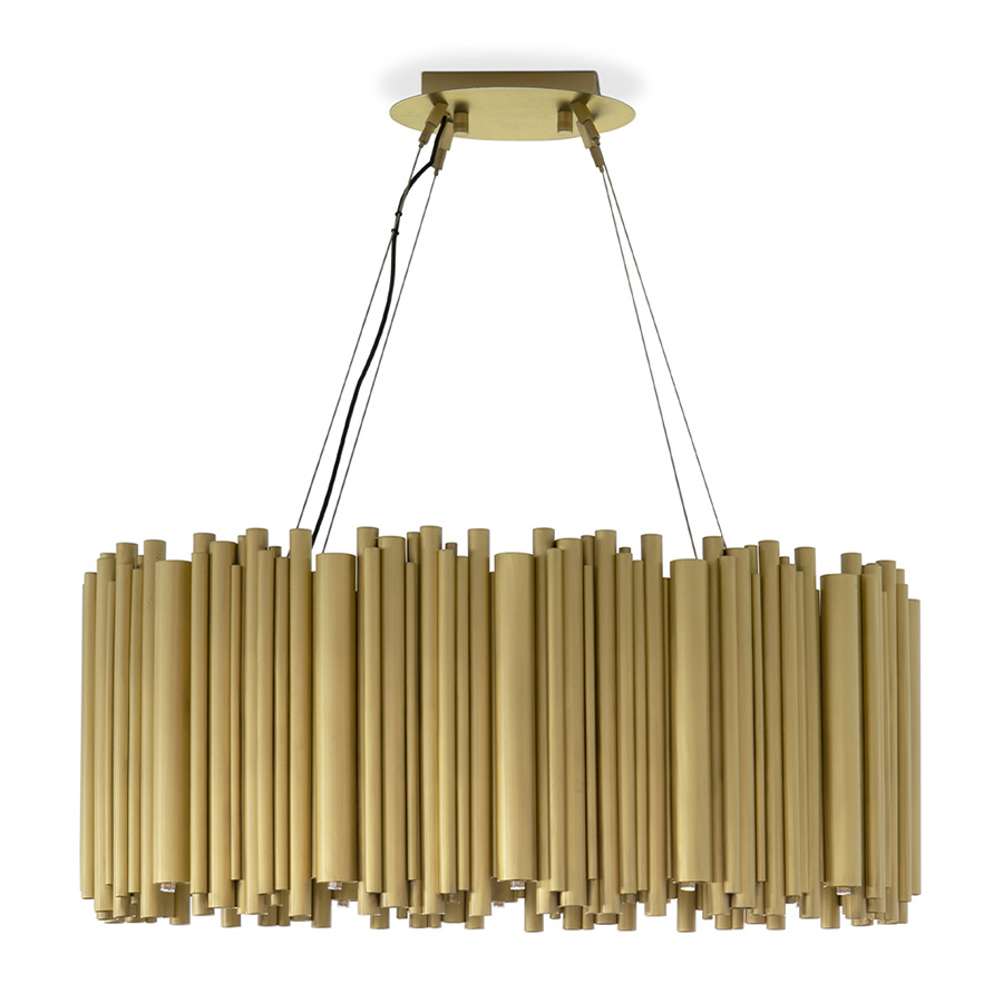 Brubeck mid-century modern chandelier is inspired by one of the foremost exponents of cool jazz: Dave Brubeck. This unique lighting design represents the sophistication and finesse of the American jazz pianist, displaying a very luxurious feeling. DelightFULL’s skilled artisans handmade this round chandelier in brass, covering it with a gold-plated finish, which can be customized in multiple other finishes.