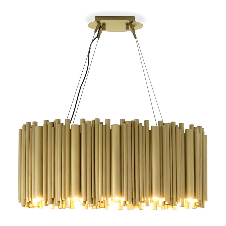 Brubeck mid-century modern chandelier is inspired by one of the foremost exponents of cool jazz: Dave Brubeck. This unique lighting design represents the sophistication and finesse of the American jazz pianist, displaying a very luxurious feeling. DelightFULL’s skilled artisans handmade this round chandelier in brass, covering it with a gold-plated finish, which can be customized in multiple other finishes.