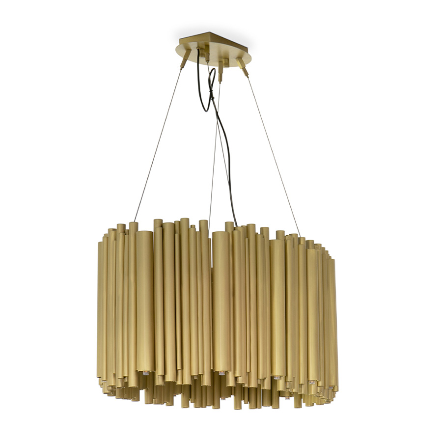 Brubeck mid-century modern chandelier is inspired by one of the foremost exponents of cool jazz: Dave Brubeck. This unique lighting design represents the sophistication and finesse of the American jazz pianist, displaying a very luxurious feeling. DelightFULL’s skilled artisans handmade this round chandelier in brass, covering it with a gold-plated finish, which can be customized in multiple other finishes.