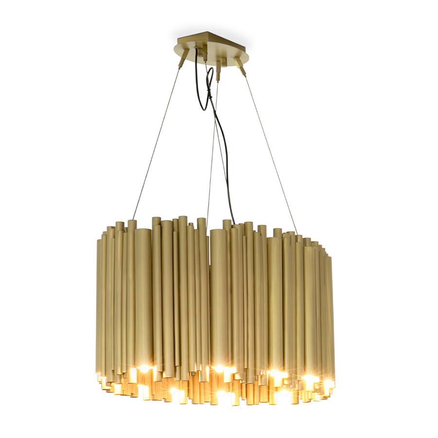 Brubeck mid-century modern chandelier is inspired by one of the foremost exponents of cool jazz: Dave Brubeck. This unique lighting design represents the sophistication and finesse of the American jazz pianist, displaying a very luxurious feeling. DelightFULL’s skilled artisans handmade this round chandelier in brass, covering it with a gold-plated finish, which can be customized in multiple other finishes.