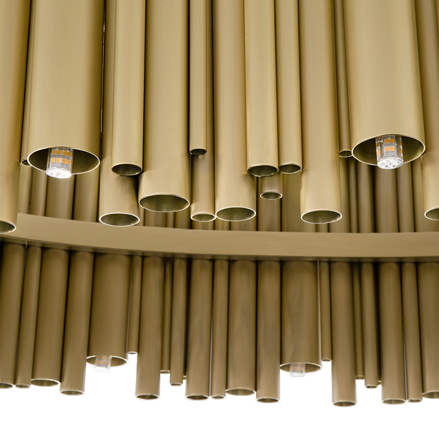 Brubeck mid-century modern chandelier is inspired by one of the foremost exponents of cool jazz: Dave Brubeck. This unique lighting design represents the sophistication and finesse of the American jazz pianist, displaying a very luxurious feeling. DelightFULL’s skilled artisans handmade this round chandelier in brass, covering it with a gold-plated finish, which can be customized in multiple other finishes.