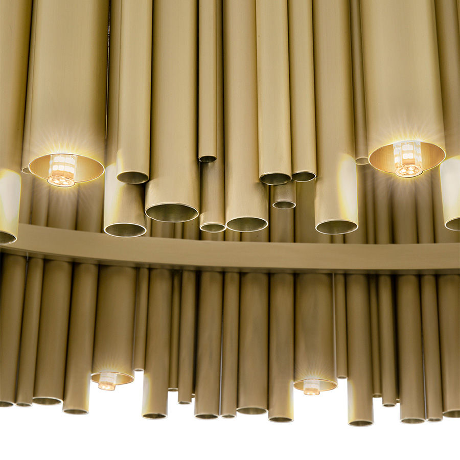 Brubeck mid-century modern chandelier is inspired by one of the foremost exponents of cool jazz: Dave Brubeck. This unique lighting design represents the sophistication and finesse of the American jazz pianist, displaying a very luxurious feeling. DelightFULL’s skilled artisans handmade this round chandelier in brass, covering it with a gold-plated finish, which can be customized in multiple other finishes.