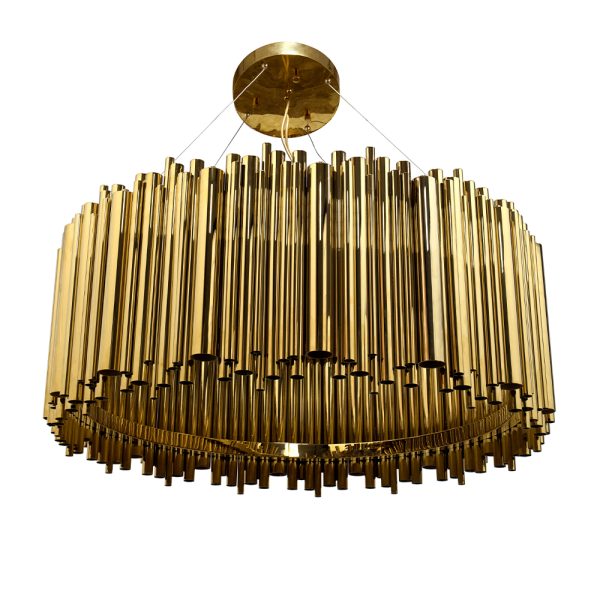 Brubeck mid-century modern chandelier is inspired by one of the foremost exponents of cool jazz: Dave Brubeck. This unique lighting design represents the sophistication and finesse of the American jazz pianist, displaying a very luxurious feeling. This round brass chandelie has a gold-plated finish, which can be customized in multiple other finishes. .