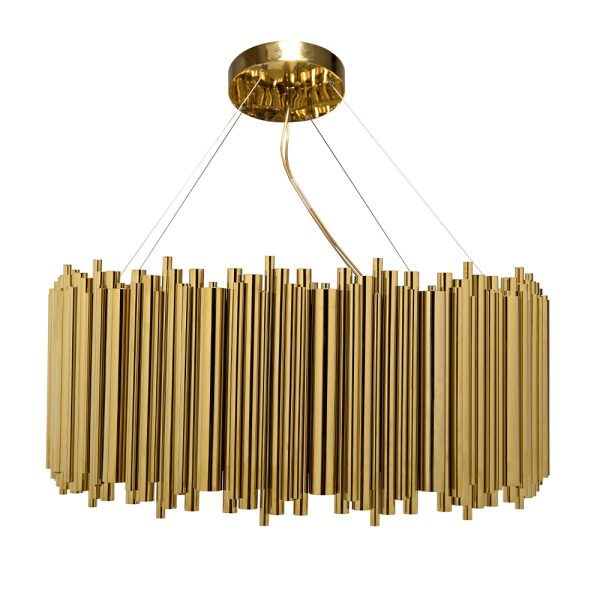 Brubeck mid-century modern chandelier is inspired by one of the foremost exponents of cool jazz: Dave Brubeck. This unique lighting design represents the sophistication and finesse of the American jazz pianist, displaying a very luxurious feeling. This round brass chandelie has a gold-plated finish, which can be customized in multiple other finishes. .