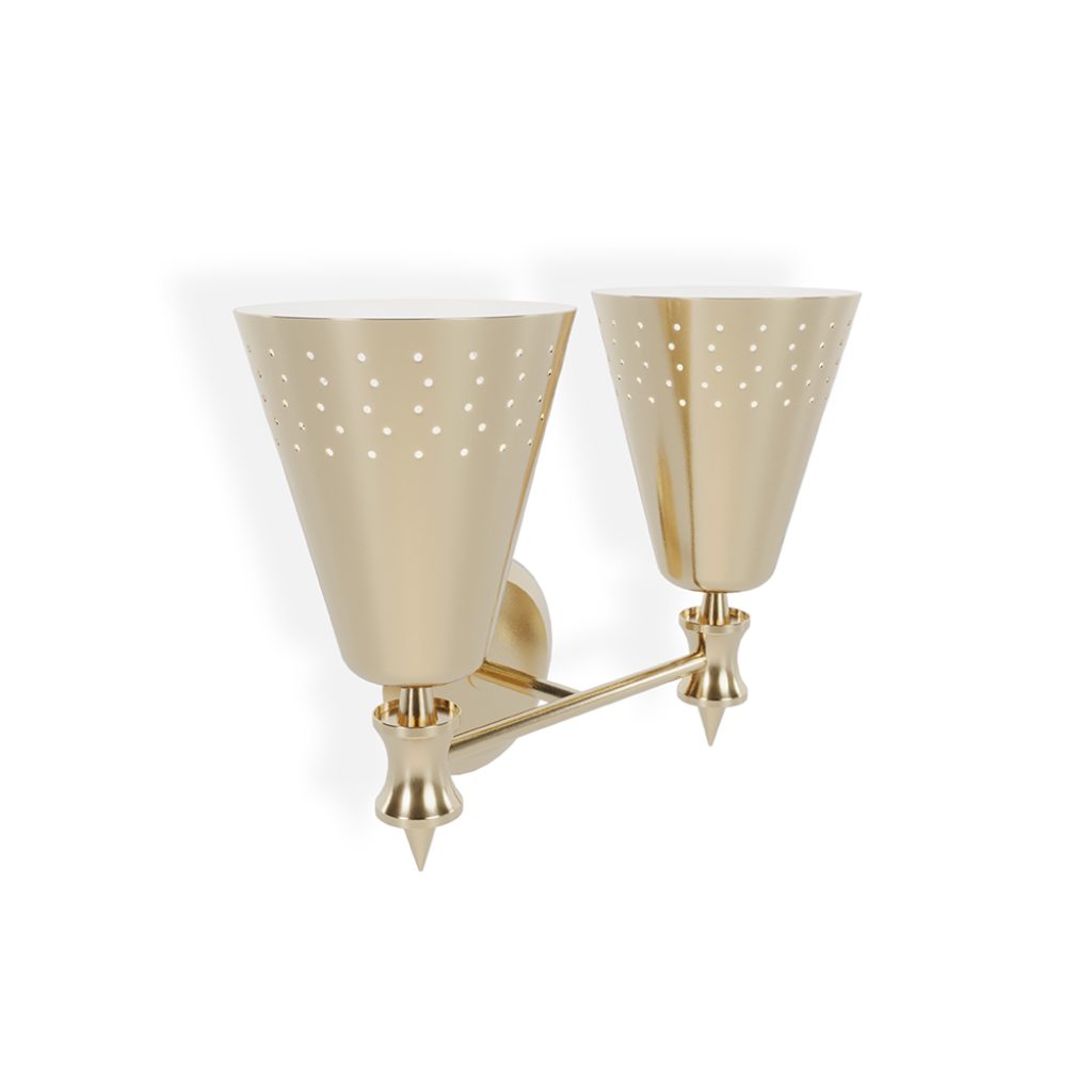 Charles 2 is a modern vanity light designed by DelightFULL and inspired by the mid-century lighting classics. This lighting design was created with two original Charles lamps adjacent to one another. Charles 2 is handmade in brass and Aluminium by some of the finest artisans in Portugal. The mount is made of brass, with a nickel plated finish, while the shades have minimalist perforation details and also feature a nickel plated and a matte white finish.