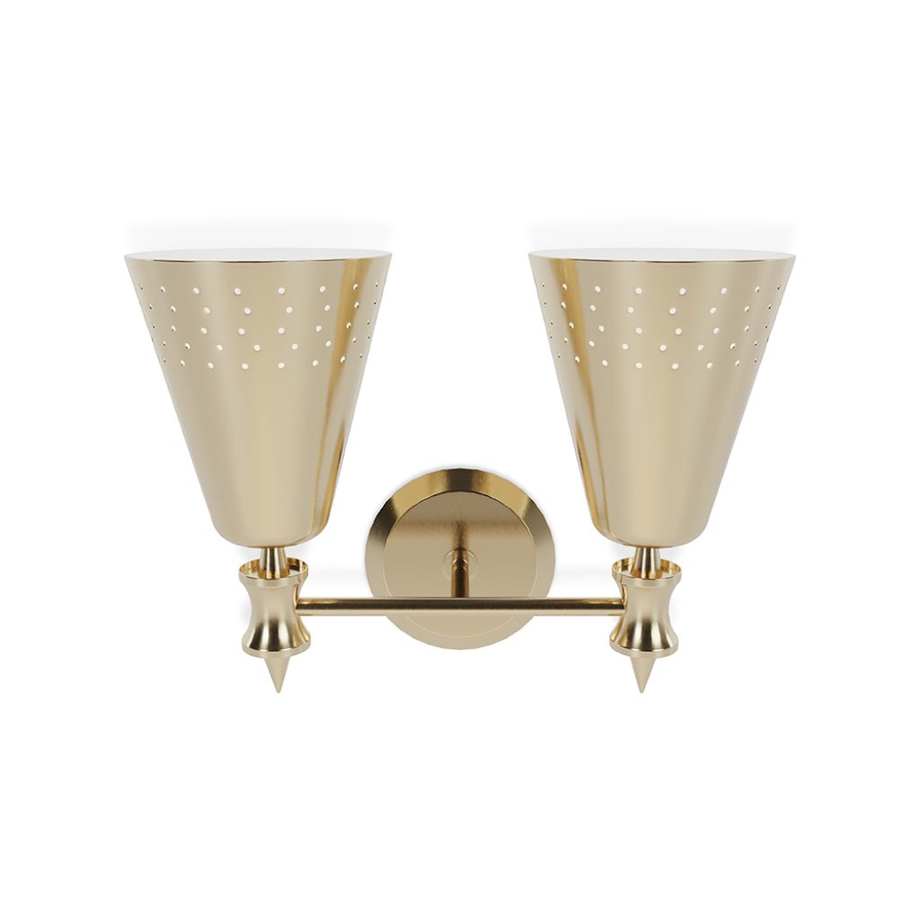 Charles 2 is a modern vanity light designed by DelightFULL and inspired by the mid-century lighting classics. This lighting design was created with two original Charles lamps adjacent to one another. Charles 2 is handmade in brass and Aluminium by some of the finest artisans in Portugal. The mount is made of brass, with a nickel plated finish, while the shades have minimalist perforation details and also feature a nickel plated and a matte white finish.