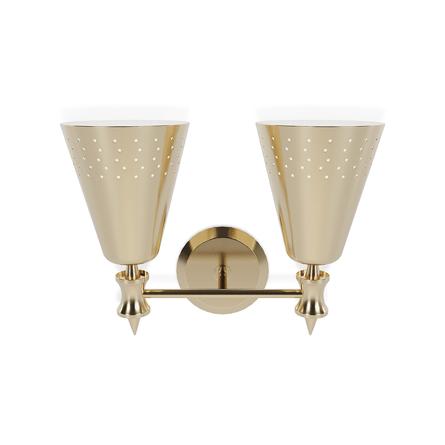 Charles 2 is a modern vanity light designed by DelightFULL and inspired by the mid-century lighting classics. This lighting design was created with two original Charles lamps adjacent to one another. Charles 2 is handmade in brass and Aluminium by some of the finest artisans in Portugal. The mount is made of brass, with a nickel plated finish, while the shades have minimalist perforation details and also feature a nickel plated and a matte white finish.