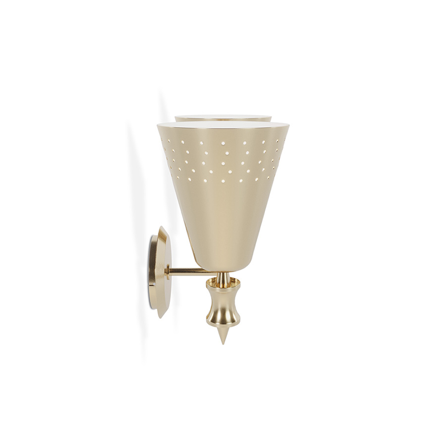 Charles 2 is a modern vanity light designed by DelightFULL and inspired by the mid-century lighting classics. This lighting design was created with two original Charles lamps adjacent to one another. Charles 2 is handmade in brass and Aluminium by some of the finest artisans in Portugal. The mount is made of brass, with a nickel plated finish, while the shades have minimalist perforation details and also feature a nickel plated and a matte white finish.