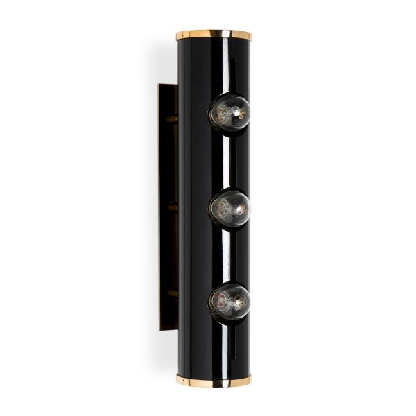 Inspired by the rock and roll world and the legendary Chuck Berry, DelightFULL has created Chuck 3 wall light. This piece is inspired in the original Chuck Wall, but has three bulbs for a new design. This minimalist wall sconce is all about emotion and rhythm, conveying a vibrant feeling to any room. Its small body and mount are handmade in brass with a standard gold-plated finish, whilst the actual lampshade is built in Aluminium and features a glossy black lacquer.