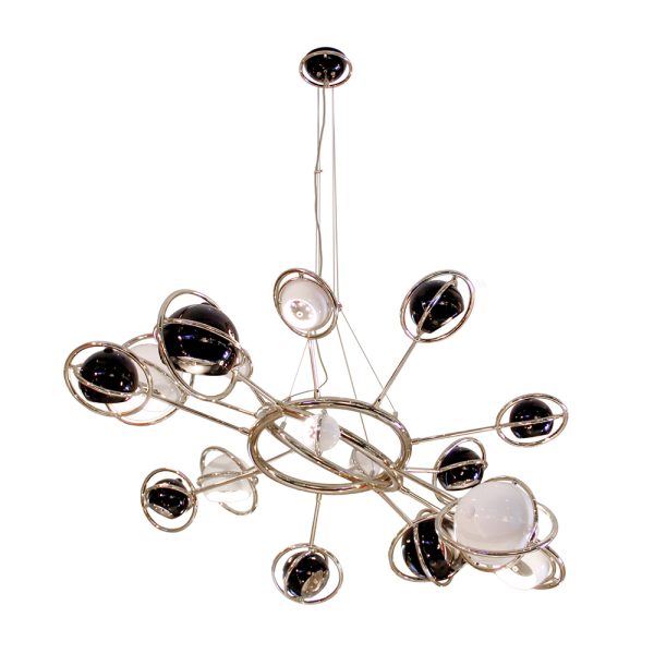 Designed as a tribute to the mid-20th century race to space, Cosmo modern chandelier is inspired by space, galaxies and the planets that surround us. It is a memorable lighting fixture, with very unique details that make it the luxurious bespoke design piece that it is. Handmade in brass and steel, the body is covered by a gold-plated finish, while the stainless steel shades are lacquered a glossy black and glossy white on the outside.