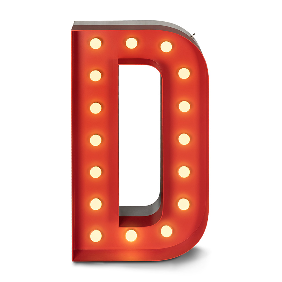 Las Vegas calling? Then you're set on the letter D. D for delight, dynamic, dreamer. Go for D if you an instant splash of the vibrant Las Vegas feeling into your modern home decor. With 16 bulbs and colour customizable, this marquee letter will take your breath away with the glamorous touch of stainless steel.