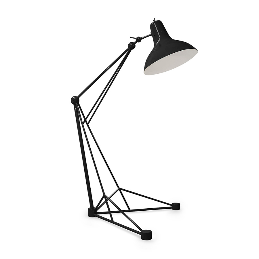 Meet Diana floor lamp, the tallest floor lamp of Heritage collection. Diana is an industrial floor lamp with a mid-century modern design, perfect for big industrial lofts and artistic studios. Built out of steel with a nickel plated finish, this floor light has a giant lamp shade that features a glossy red lacquer on the outside and a matte white interior finishing.