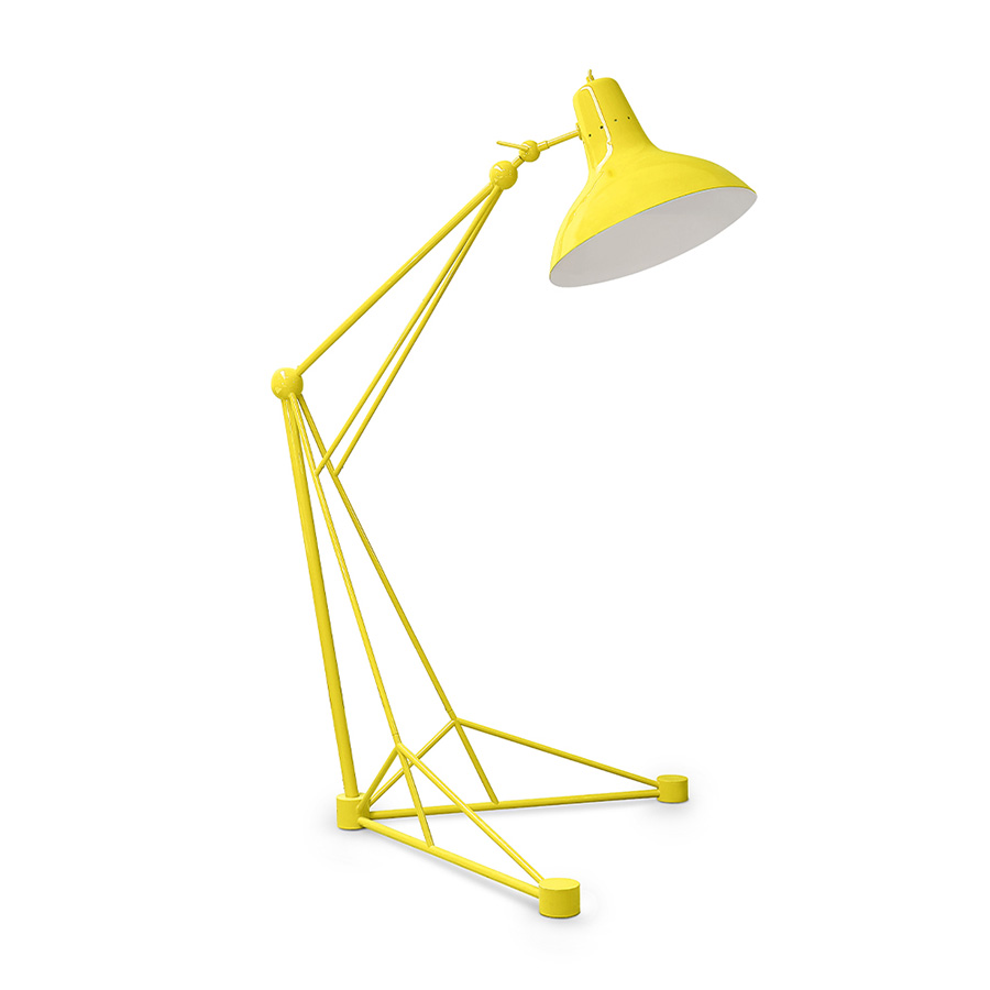 Meet Diana floor lamp, the tallest floor lamp of Heritage collection. Diana is an industrial floor lamp with a mid-century modern design, perfect for big industrial lofts and artistic studios. Built out of steel with a nickel plated finish, this floor light has a giant lamp shade that features a glossy red lacquer on the outside and a matte white interior finishing.