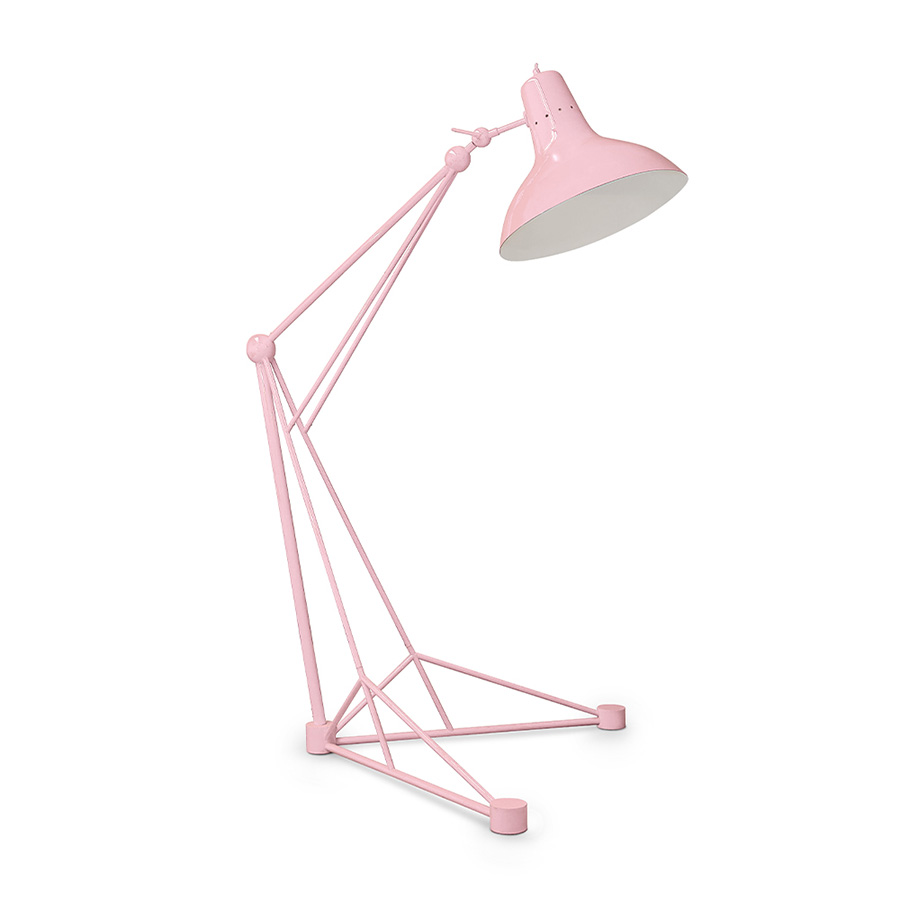 Meet Diana floor lamp, the tallest floor lamp of Heritage collection. Diana is an industrial floor lamp with a mid-century modern design, perfect for big industrial lofts and artistic studios. Built out of steel with a nickel plated finish, this floor light has a giant lamp shade that features a glossy red lacquer on the outside and a matte white interior finishing.