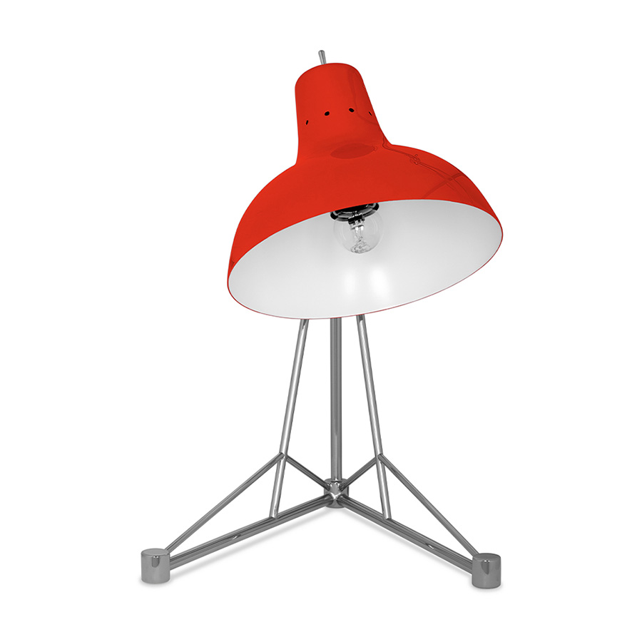 It is a handmade lamp built with materials such as brass and Aluminium. Brass was used on the body, whilst Aluminium was chosen for the shade. The Aluminium shade is lacquered a glossy red on the outside and matte white on the inside, while for the body a nickel-plated finish was chosen. However, both these colors and finishes can be customized according to your needs. having a movable and adjustable shade, that casts light to where it is needed.