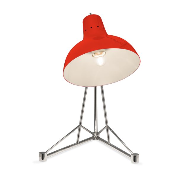 It is a handmade lamp built with materials such as brass and Aluminium. Brass was used on the body, whilst Aluminium was chosen for the shade. The Aluminium shade is lacquered a glossy red on the outside and matte white on the inside, while for the body a nickel-plated finish was chosen. However, both these colors and finishes can be customized according to your needs. having a movable and adjustable shade, that casts light to where it is needed.