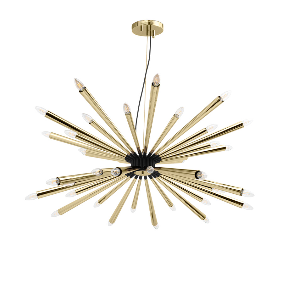 Inspired by the acclaimed jazz trumpet player Tommy Dorsey, this mid-century suspension chandelier is a unique lighting fixture that embodies the musicality of the 1950s. Allying the best of ancient techniques with the modern expertise of high- craftsmanship, Dorsey is a handmade brass chandelier, with Aluminium lamp shades.