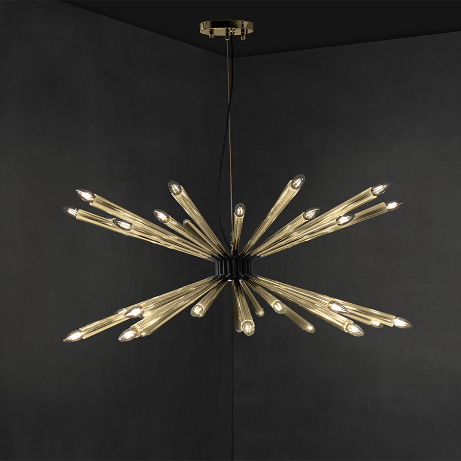 Inspired by the acclaimed jazz trumpet player Tommy Dorsey, this mid-century suspension chandelier is a unique lighting fixture that embodies the musicality of the 1950s. Allying the best of ancient techniques with the modern expertise of high- craftsmanship, Dorsey is a handmade brass chandelier, with Aluminium lamp shades.
