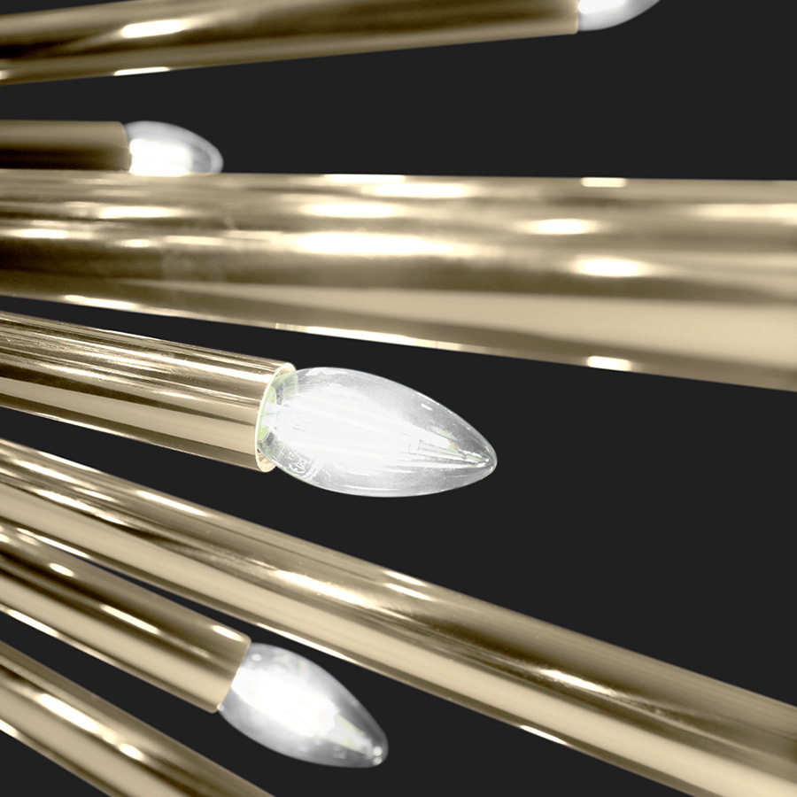 Inspired by the acclaimed jazz trumpet player Tommy Dorsey, this mid-century suspension chandelier is a unique lighting fixture that embodies the musicality of the 1950s. Allying the best of ancient techniques with the modern expertise of high- craftsmanship, Dorsey is a handmade brass chandelier, with Aluminium lamp shades.