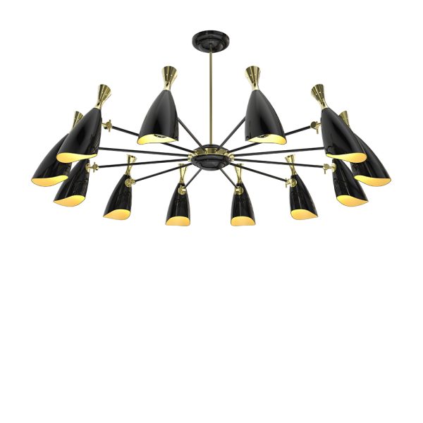 Duke is a modern pendant lighting design that boasts a heavy nostalgic 70s groove vibe. DelightFULL’s designers were able to create an iconic modern ceiling light that suits the most demanding setting. Produced in Portugal, it is handmade in brass and Aluminium. The body, made of brass, has both a matte black and a gold-plated finish, while the shades are lacquered a glossy black on the outside.