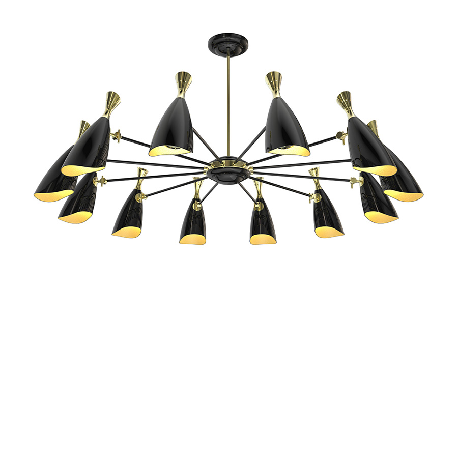 Duke is a modern pendant lighting design that boasts a heavy nostalgic 70s groove vibe. DelightFULL’s designers were able to create an iconic modern ceiling light that suits the most demanding setting. Produced in Portugal, it is handmade in brass and Aluminium. The body, made of brass, has both a matte black and a gold-plated finish, while the shades are lacquered a glossy black on the outside.